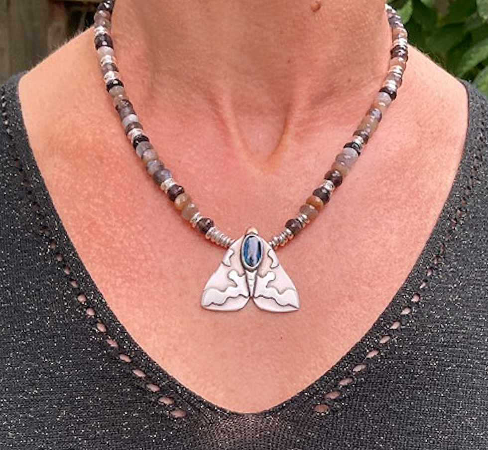 Kyanite and Moonstone moth necklace.