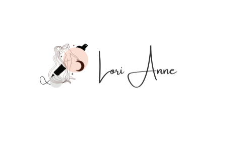 Minimalist logo with a stylized woman holding yarn and knitting needles. Text reads "Lori Anne" in cursive, set against a white background.
