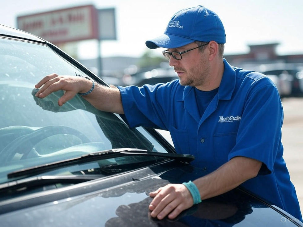 Crowned Glass technician repairing windshield on black sedan in West Des Moines parking lot, with Iowa State Fair sign in background.
