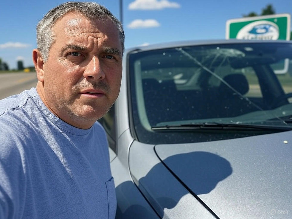 Des Moines driver in silver sedan near I-235, confused about windshield chip, with Crowned Glass sign nearby in sunny summer setting.