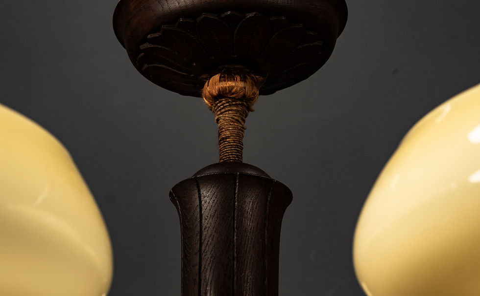 Thumbnail: ART DECO 5 ARM CHANDELIER IN OAK WITH GLASS SHADES, 1920S​​​​​​