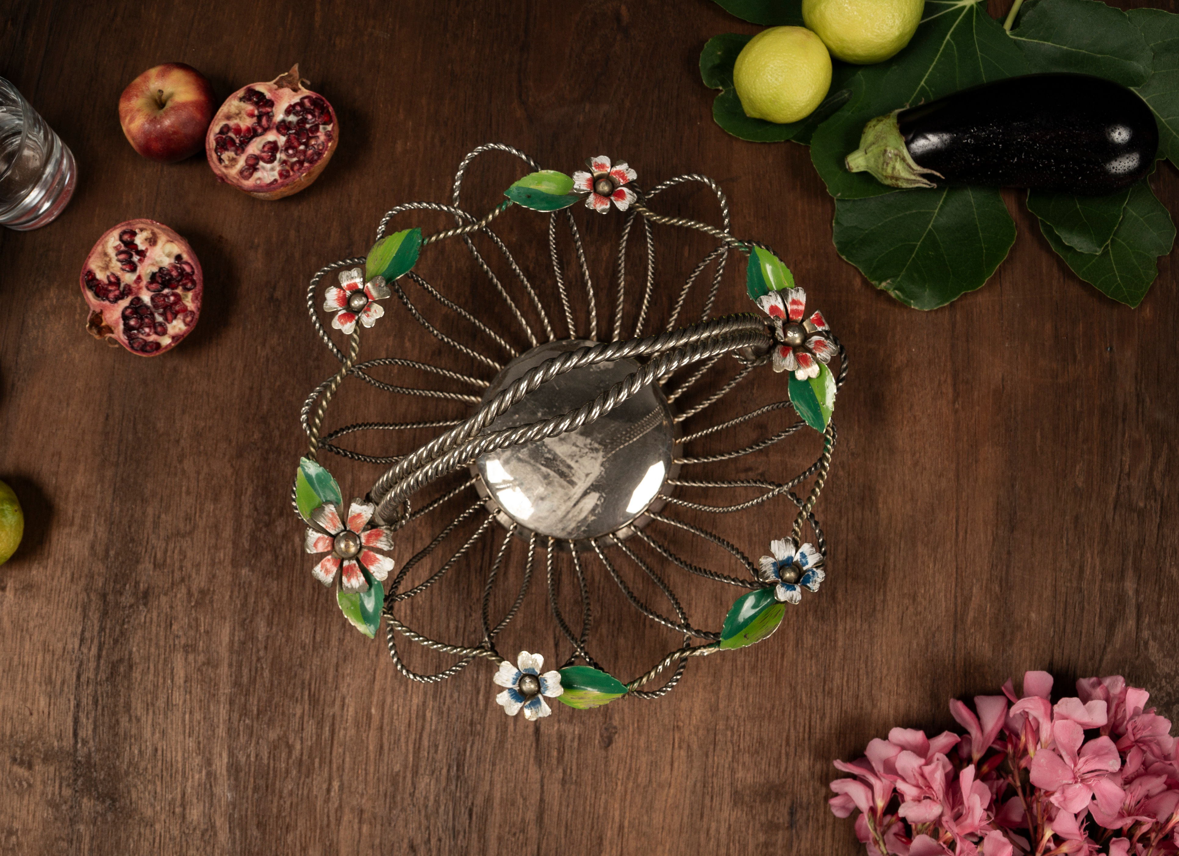 HOLLYWOOD REGENCY WIRE BASKET WITH FLORAL DECOR, 1950S
