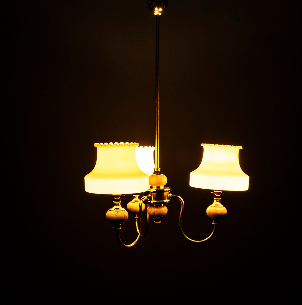 Thumbnail: THREEFLAME GOLDEN CEILING LIGHT WITH GLASS SHADES AND MARBLE FROM VEB NARVA
