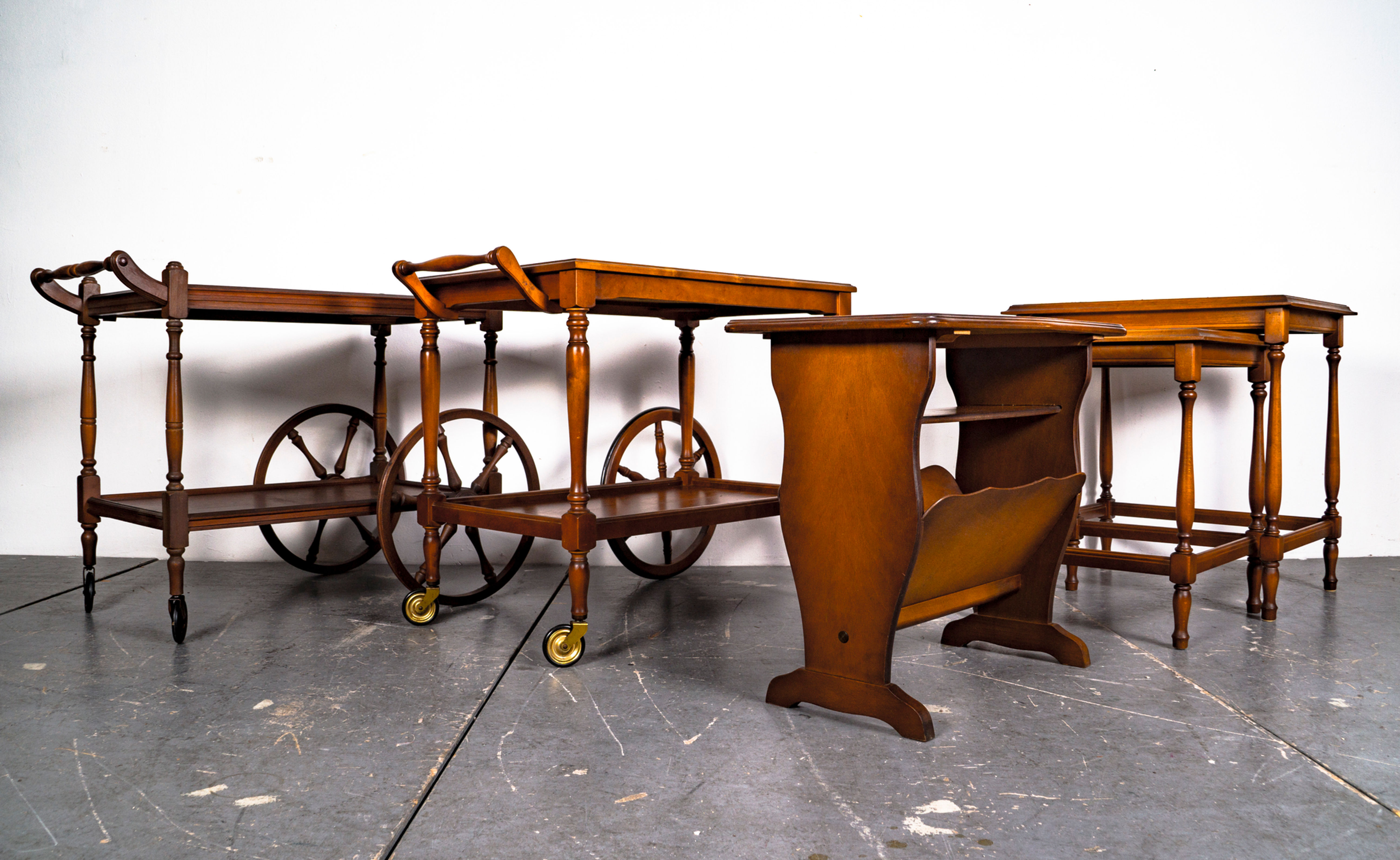 VINTAGE RUSTICAL BARCART, NEWSPAPER RACK, COFFEE TABLE SET 50s