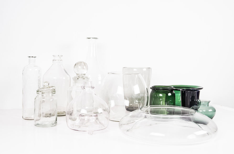 Thumbnail: Mix of differnt glass jar from small green vase to a big glassbottel