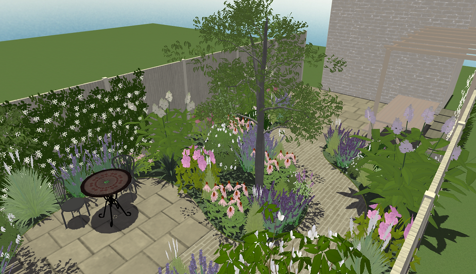 This central patio (on the left) is just the right size for a morning coffee, zoned by planting and curved path