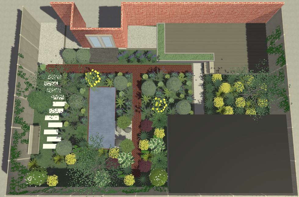 The large central pond/water feature in this garden provides a focal point moving the eye away from the boundary