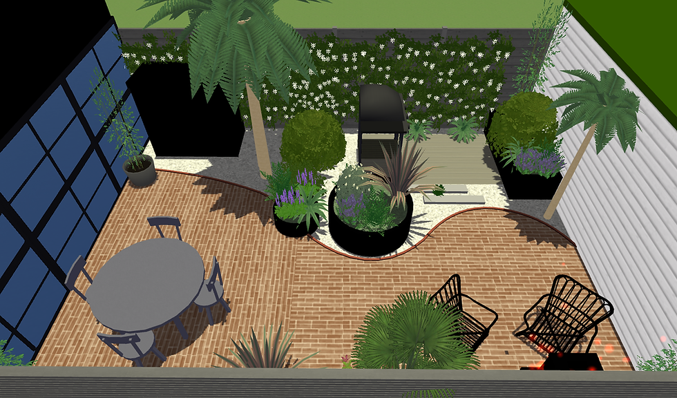 Simplicity of using a single material in this area keeps the space from feeling cluttered. Zoning can be acieved with planting loactions and by laying the hard landscaping in a slightly different pattern (in this case at a 90 angle to each other).