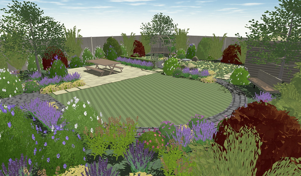 The lawn is in proportion to the space and provides a place to play next to the dining area