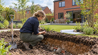 Garden designer inspecting compacted soil in a green UK new-build garden