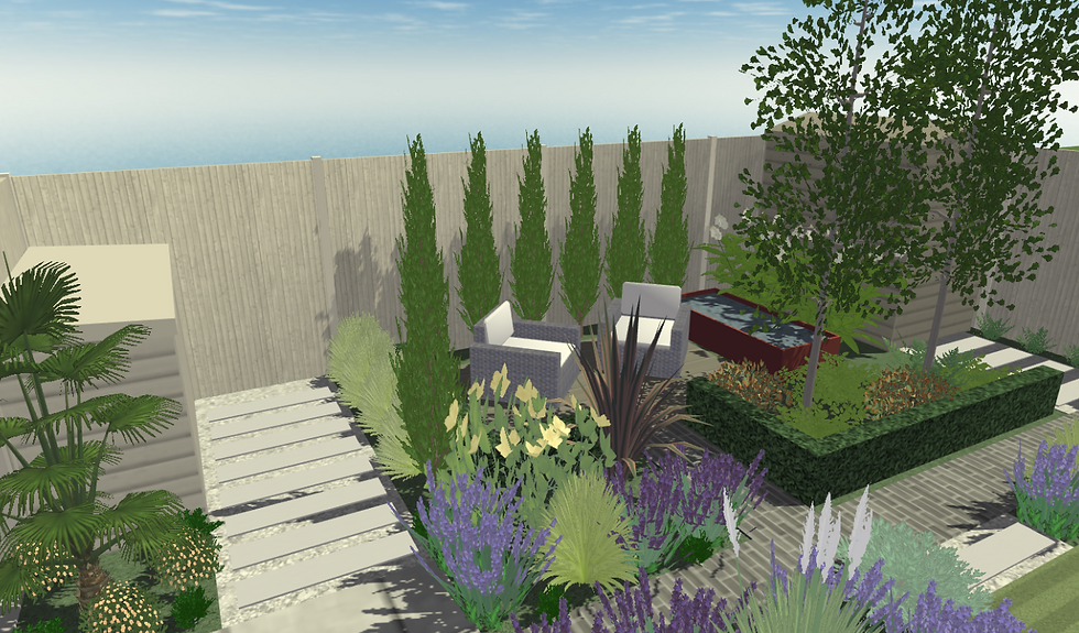 Tall trees and conifers zoning the seating area in this garden maximise the space beyond two dimensions and provide focal points and additional interest