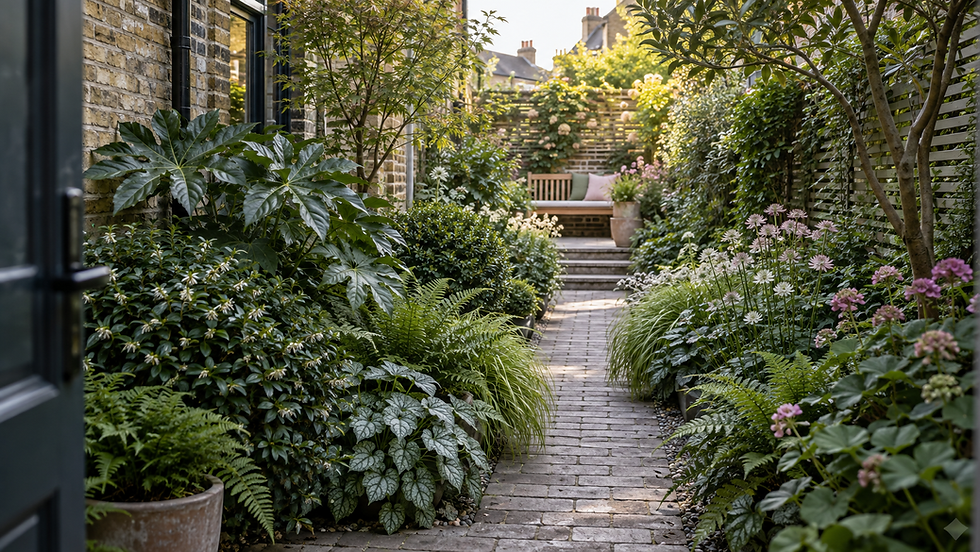 Layered north-facing British garden leading from cool shade to a softly sunlit seating nook