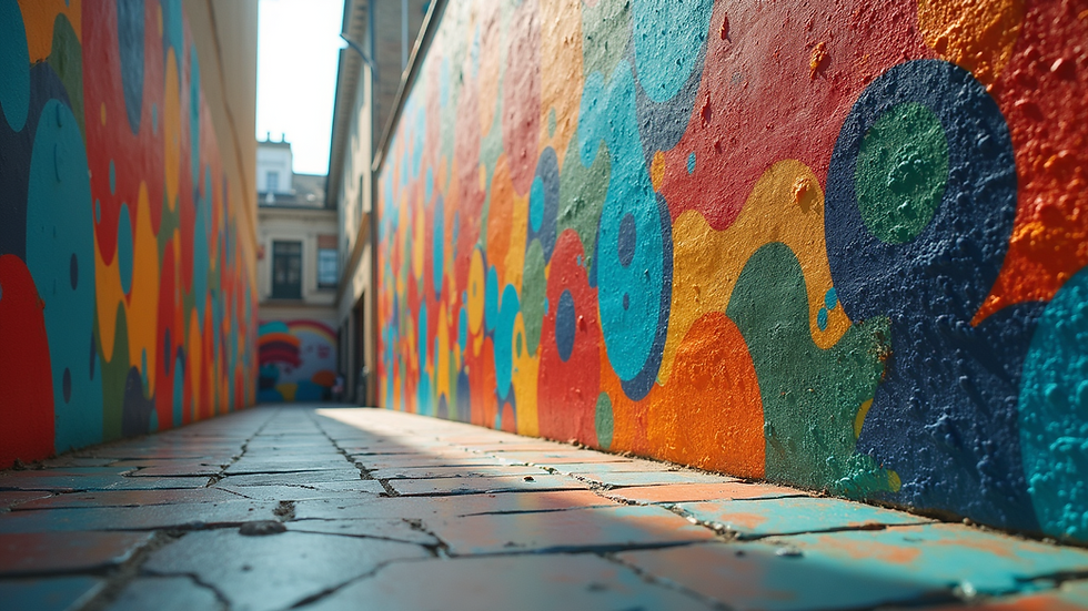 Eye-level view of a colorful abstract mural