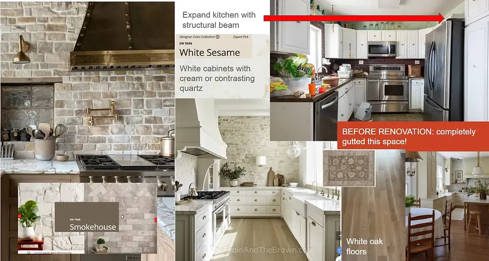 Our design board with the vision and the current kitchen, pictured top right. We want the kitchen to feel soft and airy with cottage elements like stone, natural white oak floors, and added shelves for housing cook books, etc.