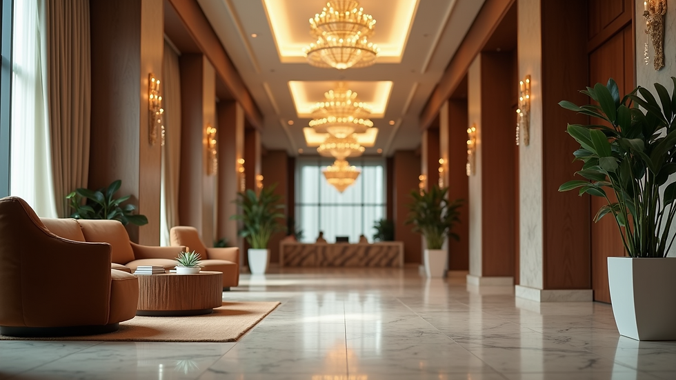 Eye-level view of a modern hotel lobby with elegant decor