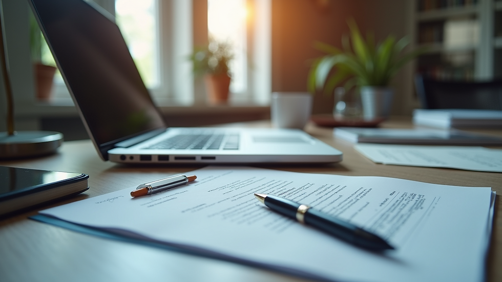 Eye-level view of a modern office desk with a laptop displaying legal documents