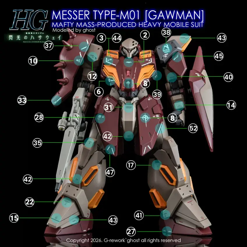 縮圖：[特別訂購] 炎特別版 HG 1/144 閃光之凱薩衛 瑟茜的魔女 梅薩M01型 加烏曼專用機 專用水貼