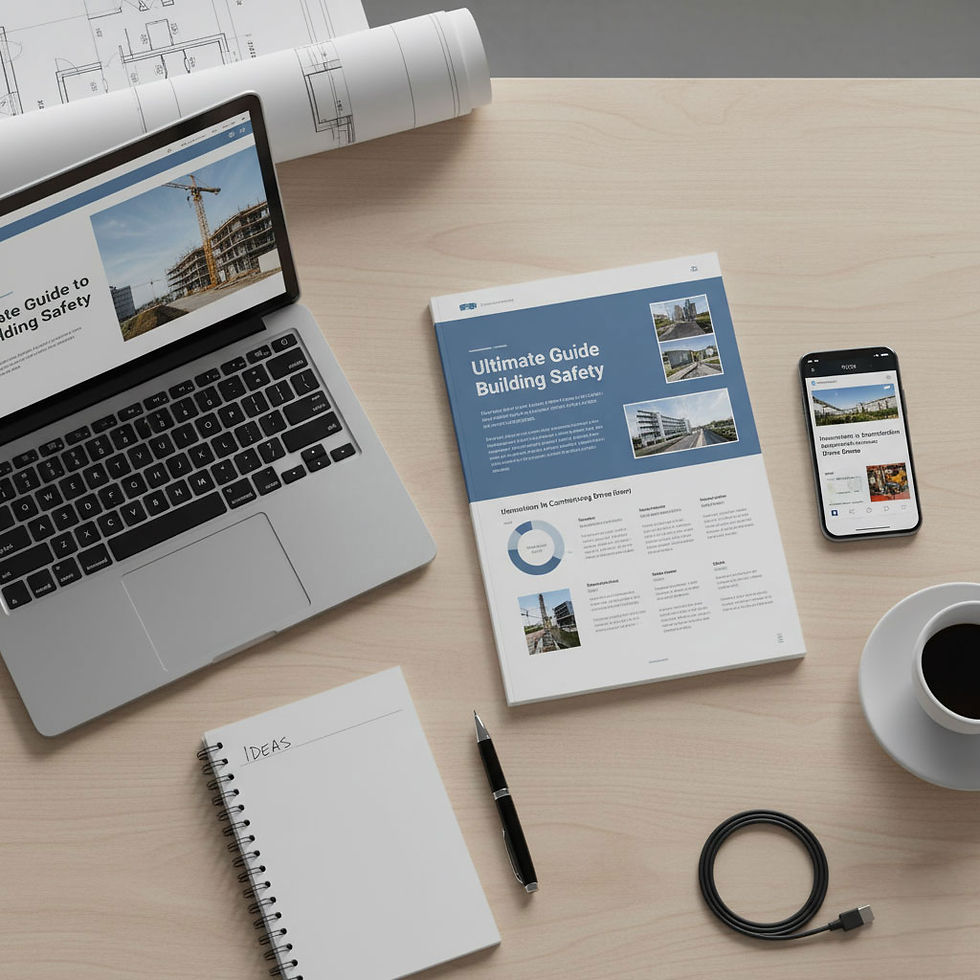 Laptop with contruction website on the screen, beside it is a construction brochure on Ultimate Guide Building Safety, a mobile with the same construction website on its screen, design plans and a notepad with IDEAS written on it.