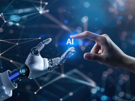 Robot hand touching out to a human hand. The word AI is between the two hands