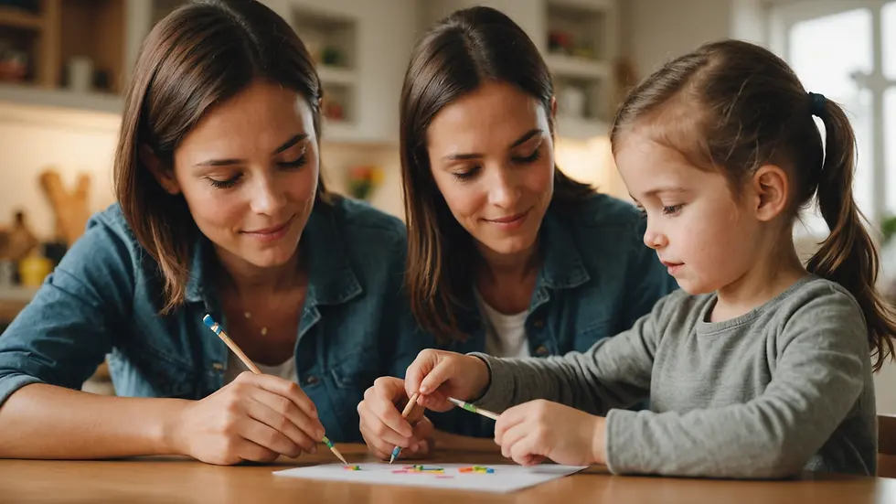 Eye-level view of a parent demonstrating a simple activity to a child