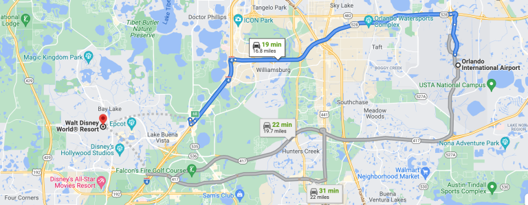 Itinéraire de l'aéroport d'Orlando vers le site du Walt Disney World Resort