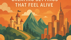 Illustrated book opening into a fantasy world with castle, mountains, and city skyline, symbolizing immersive world-building.