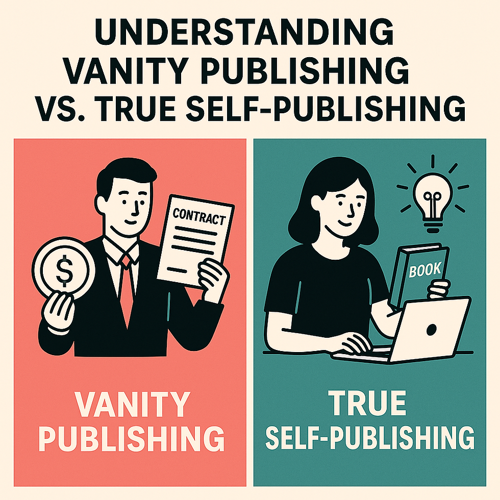 Illustration comparing vanity publishing (contract and payment) versus true self-publishing (author with book and laptop).