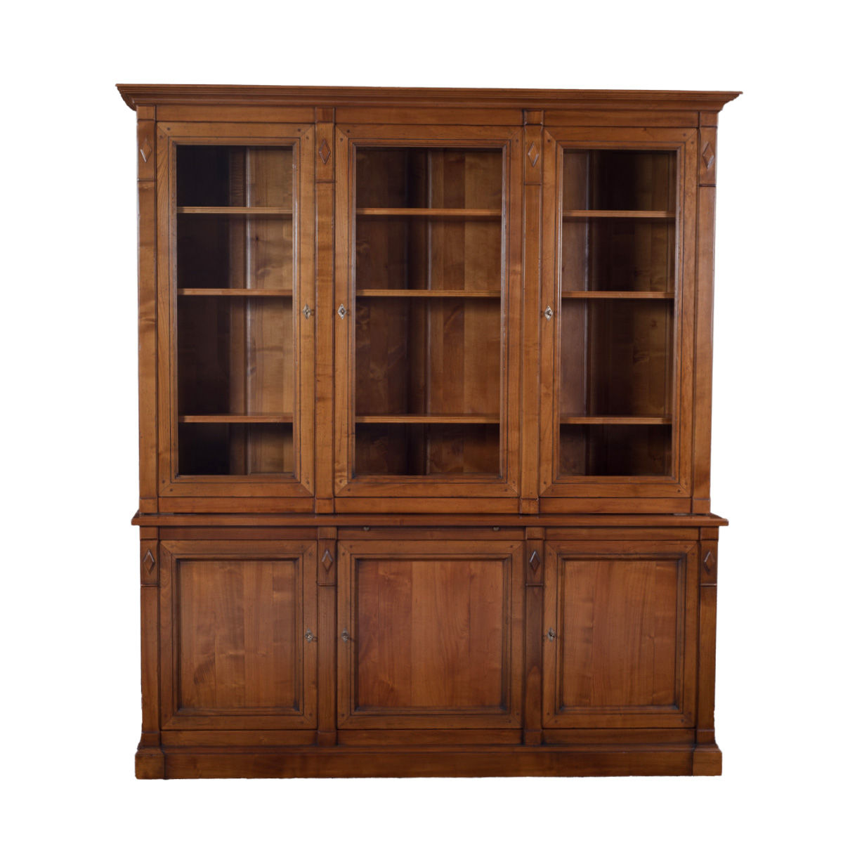 bibliothèque vitrine style Louis XVI en merisier massif vue de face