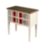 console merisier laquée blanc crème à rayures rouges grises et bleues, de style Directoire vue de biais