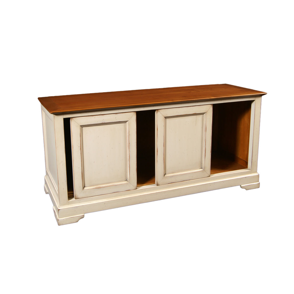 Meuble TV FLAUBERT 2 portes coulissantes - merisier charme bi-ton , blanc-crème