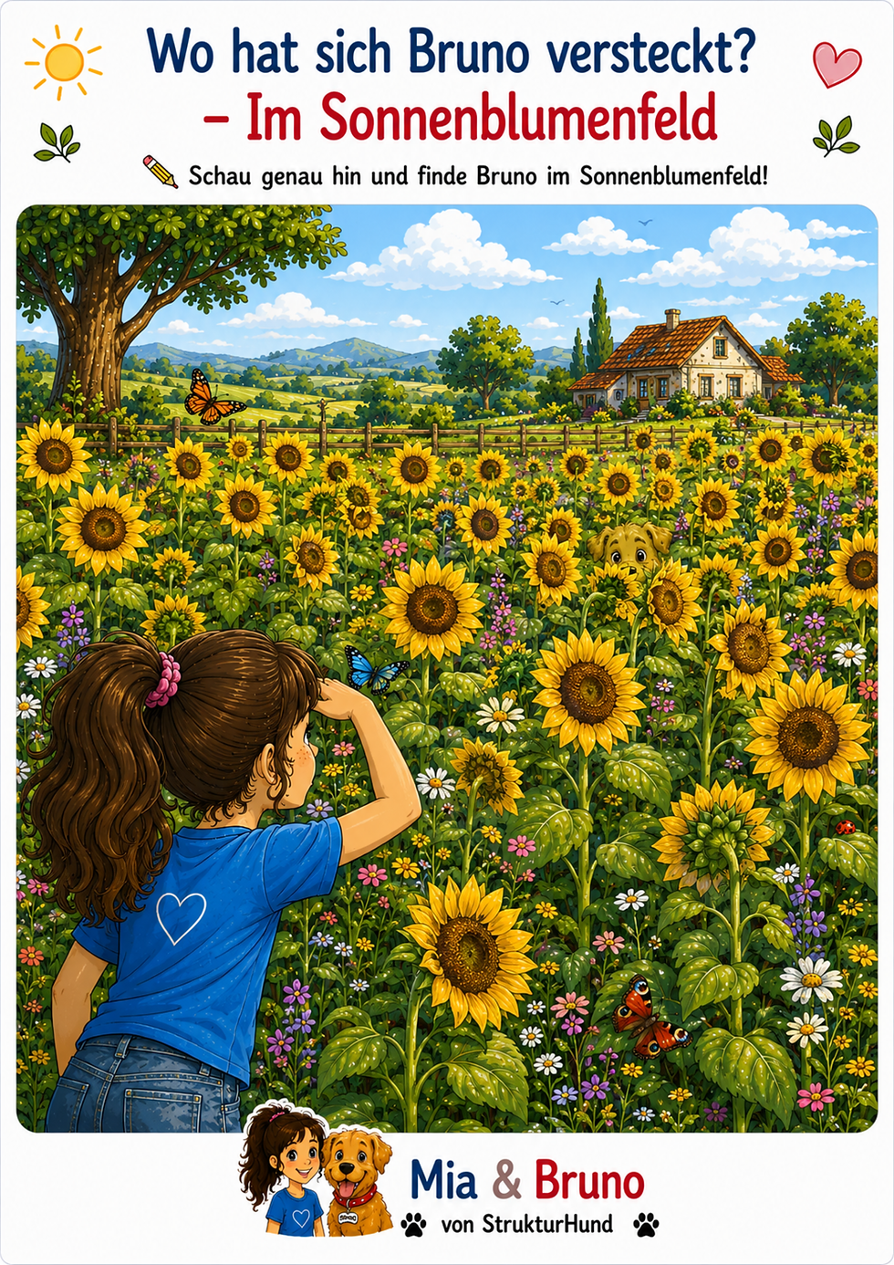 Suchbild - Wo hat sich bruno auf dem Sonnenblumenfeld versteckt? kostenloses Rätsel für Kinder zum Ausdrucken