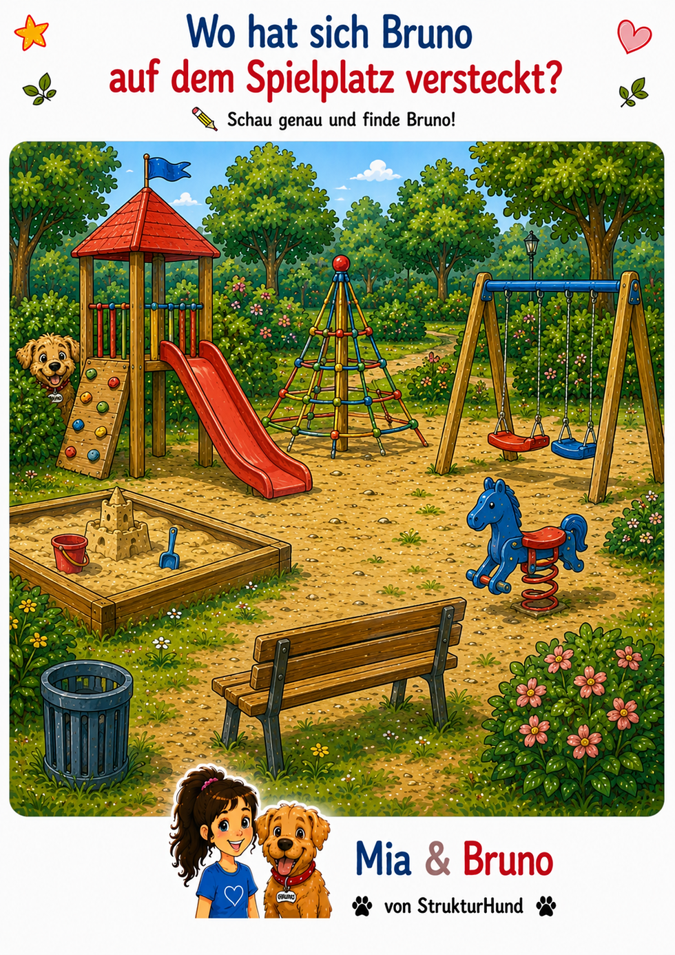 Suchbild - Wo auf dem Spielplatz hat sich Bruno versteckt kostenloses Rätsel für Kinder zum Ausdrucken