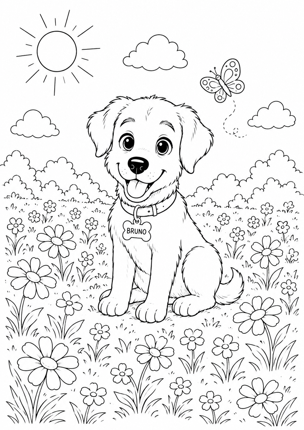 Hund auf der Blumenwiese als Ausmalbild für Kinder zum kostenlosen Ausdrucken