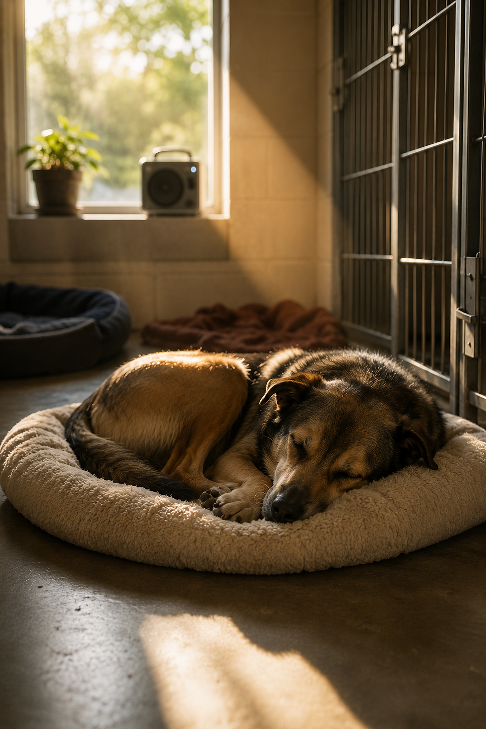„Tierheimhund schläft entspannt auf einem Hundebett in einem ruhigen Innenbereich eines Tierheims.“