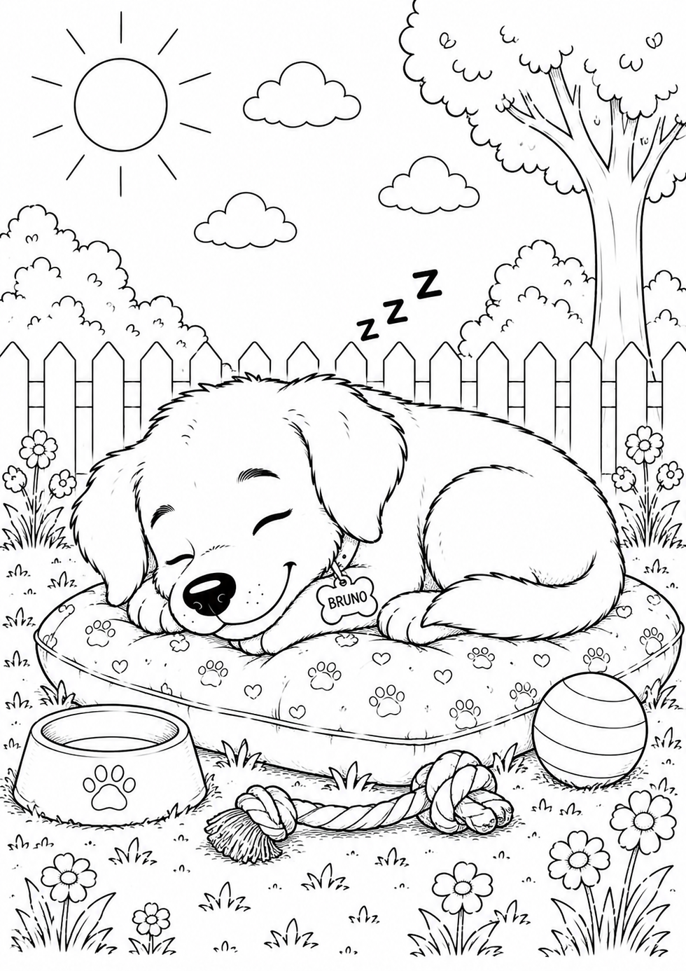 Hund schläft auf seinem Hundebett als Ausmalbild für Kinder zum kostenlosen Ausdrucken