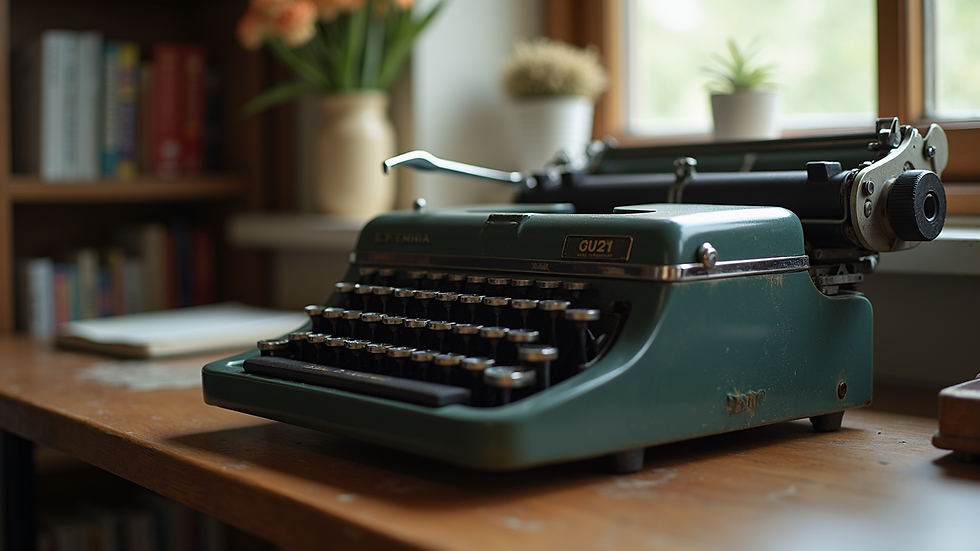 Eye-level view of a vintage typewriter on a wooden desk