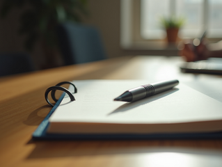 Creative writing workspace with notebook and pen.