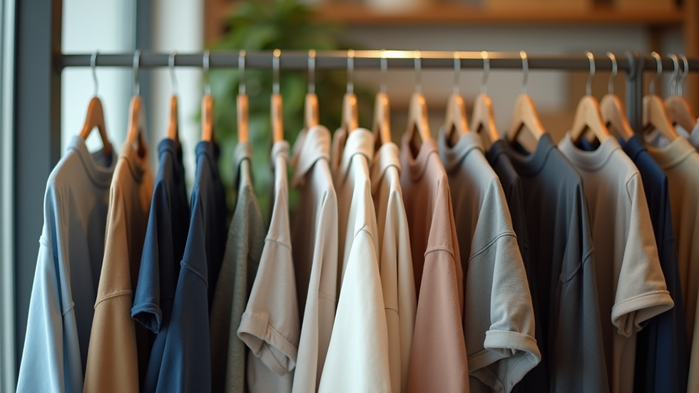 Eye-level view of a clothing rack displaying eco-friendly apparel