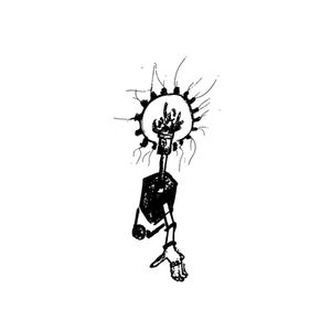 a black and white drawing of a skeleton with a light bulb on his head