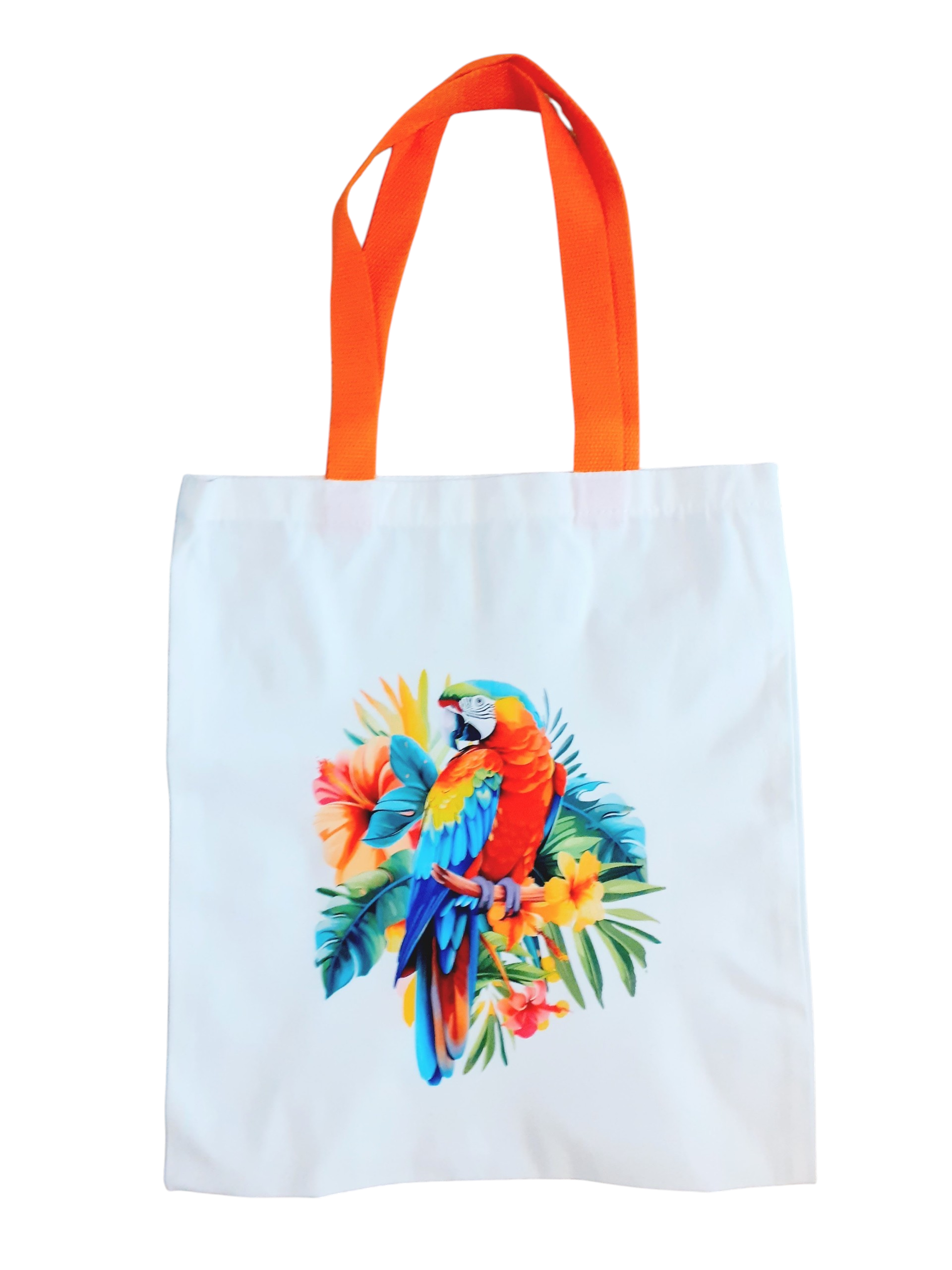 Sac en toile blanc anses orange avec perroquet multi couleur