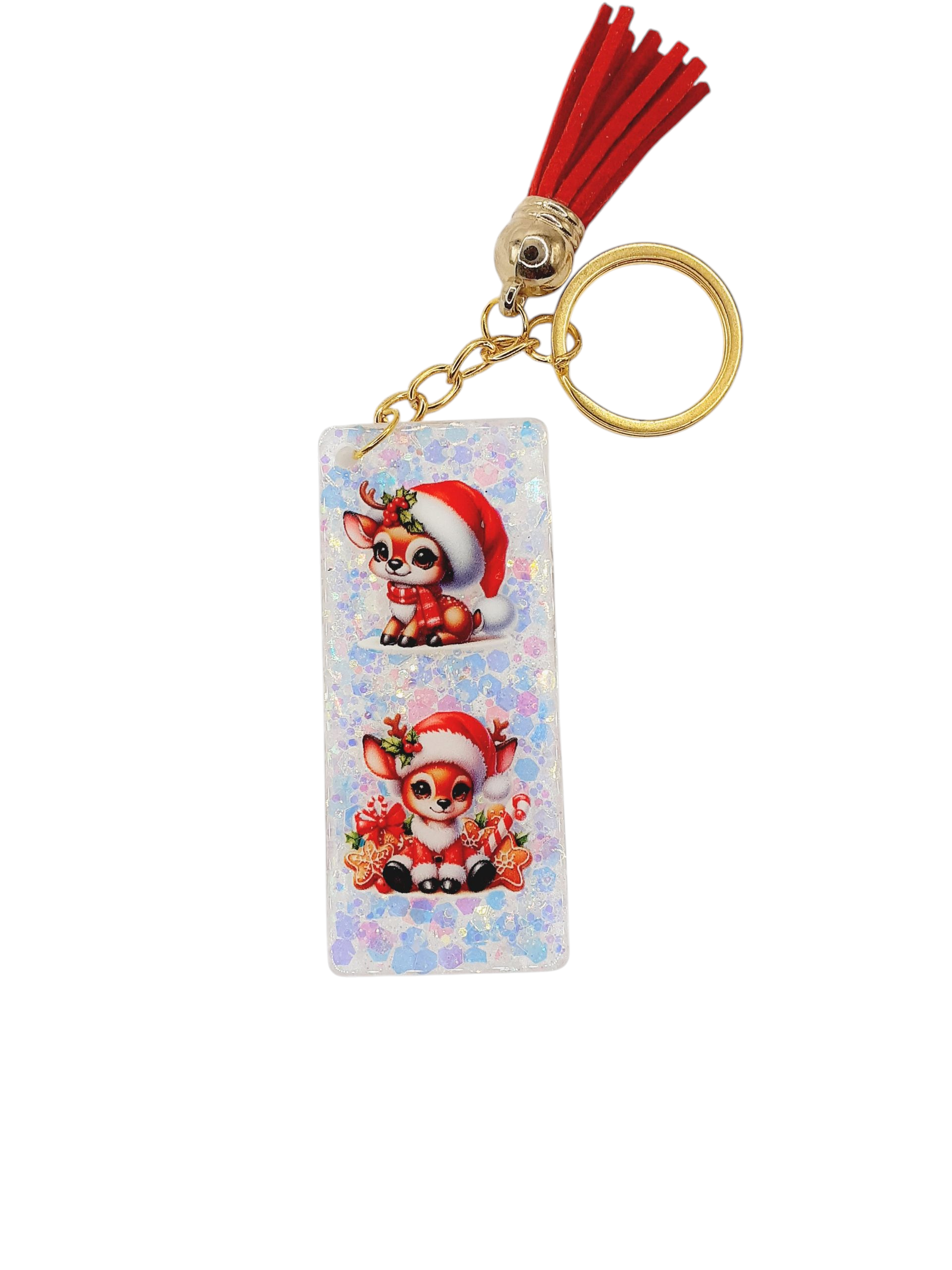 Porte clé rennes, rectangle, fond blanc avec paillettes holographique blanc/rose