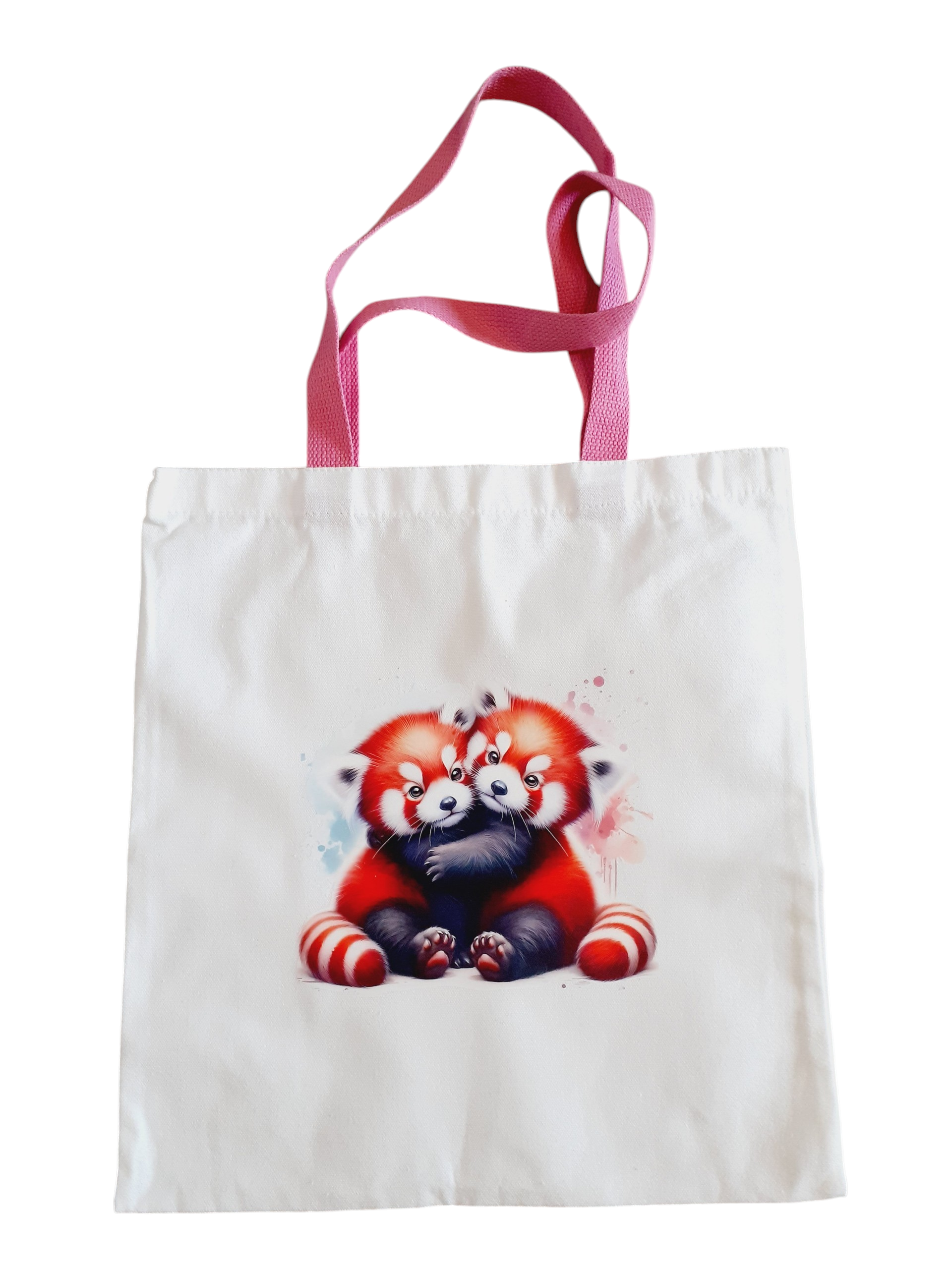 Sac en toile blanc anses rose foncé avec panda roux