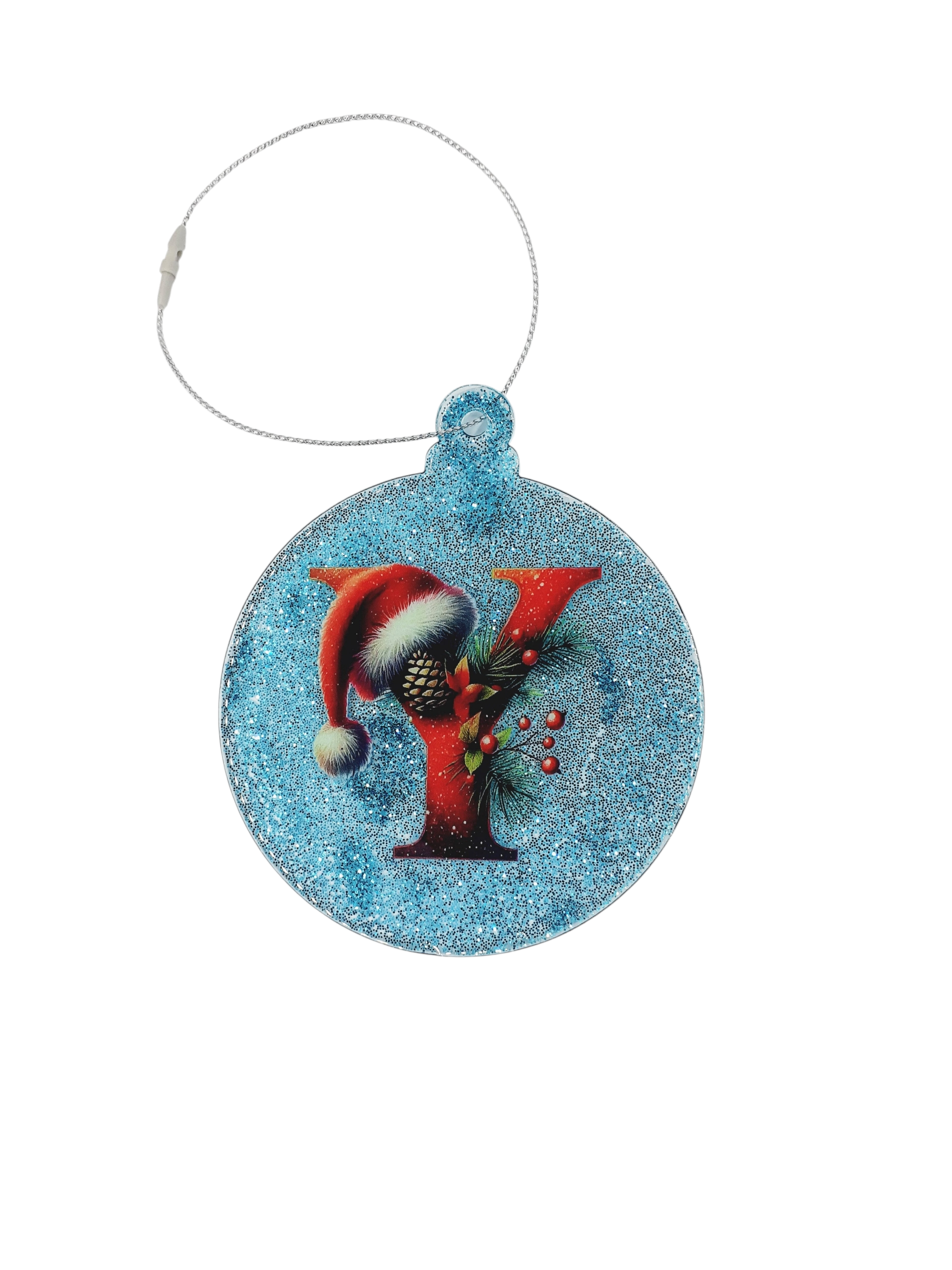 Boule de noël ronde plate lettre "Y" paillettes turquoise
