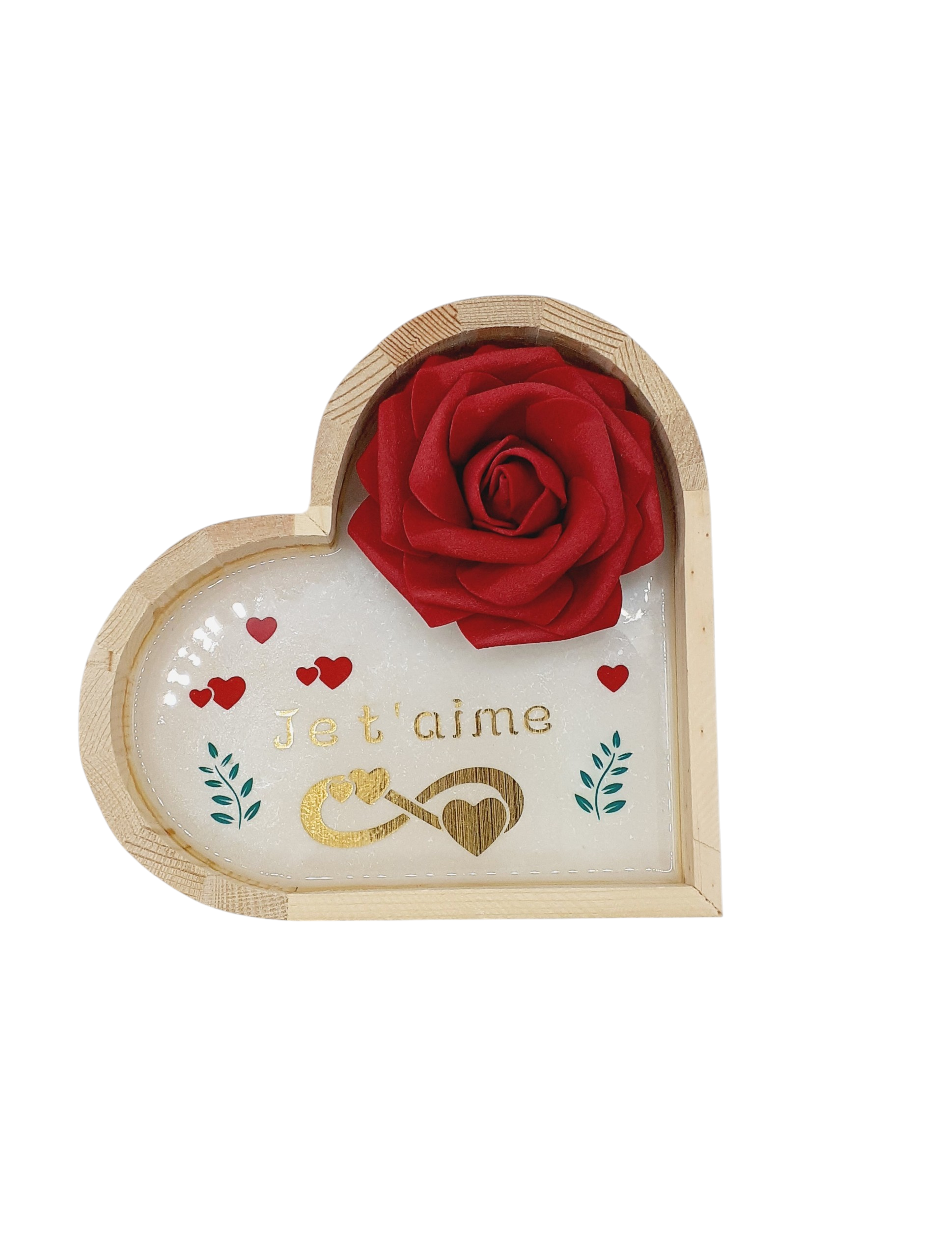 Coeur en bois avec rose artificielle rouge bordeaux je t'aime
