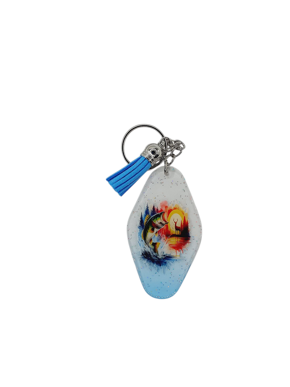porte clé pêche, ovale, bleu clair transparent et fine paillettes multi couleur