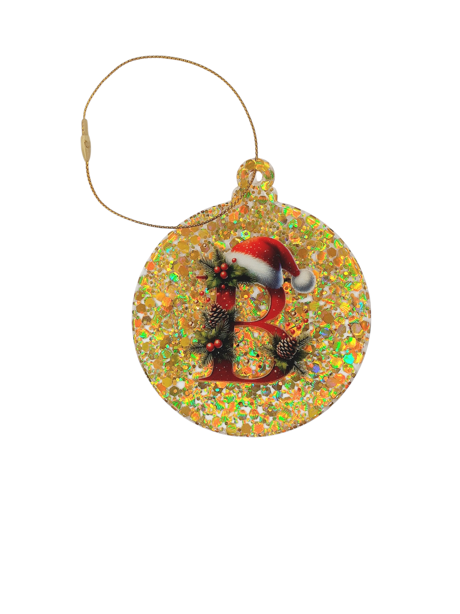 Boule de noël ronde plate lettre "B" paillettes holographique doré