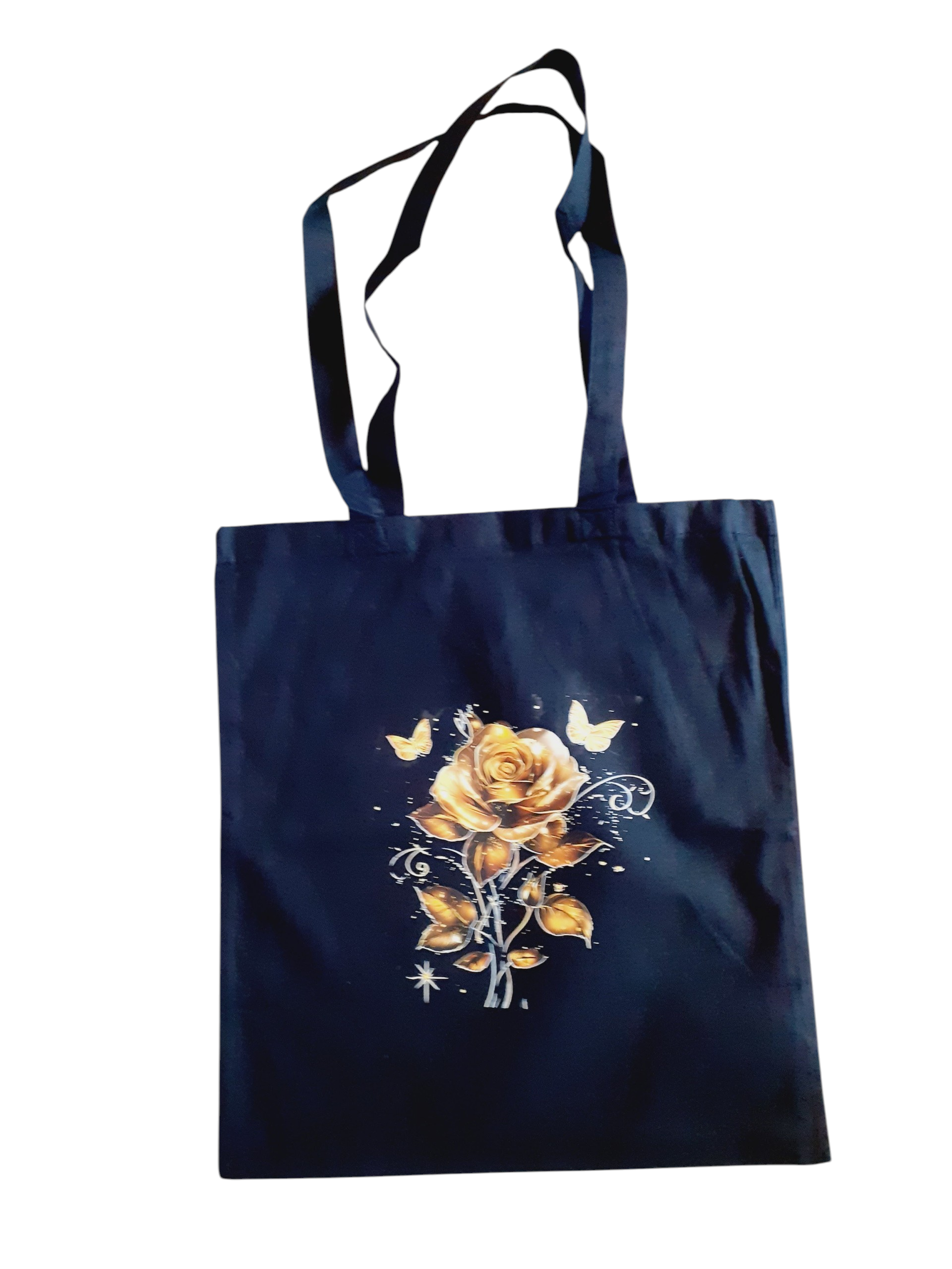 Sac en toile noir grand et fin avec rose doré