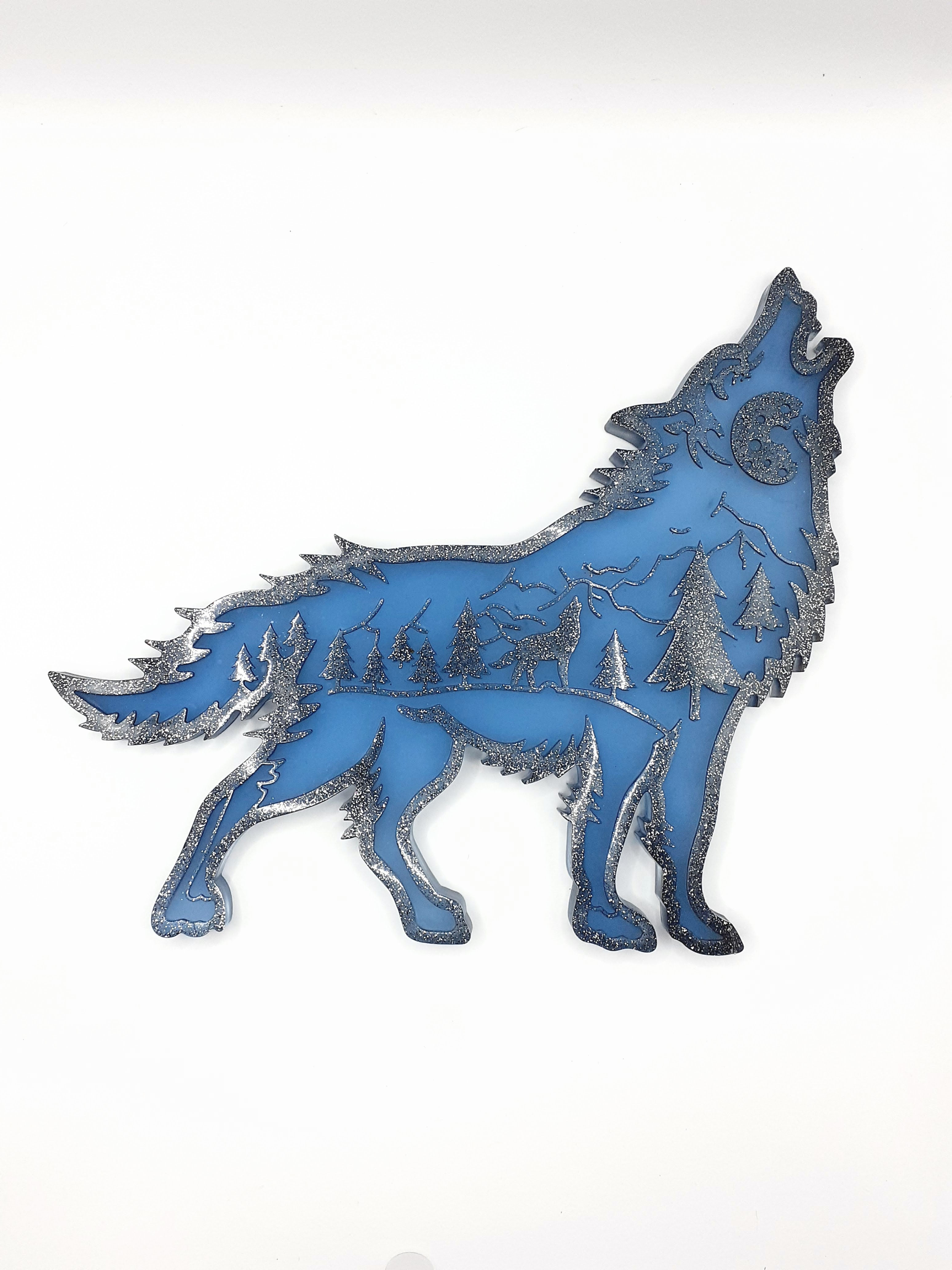 Loup avec détail de la forêt bleu clair paillettes argentée