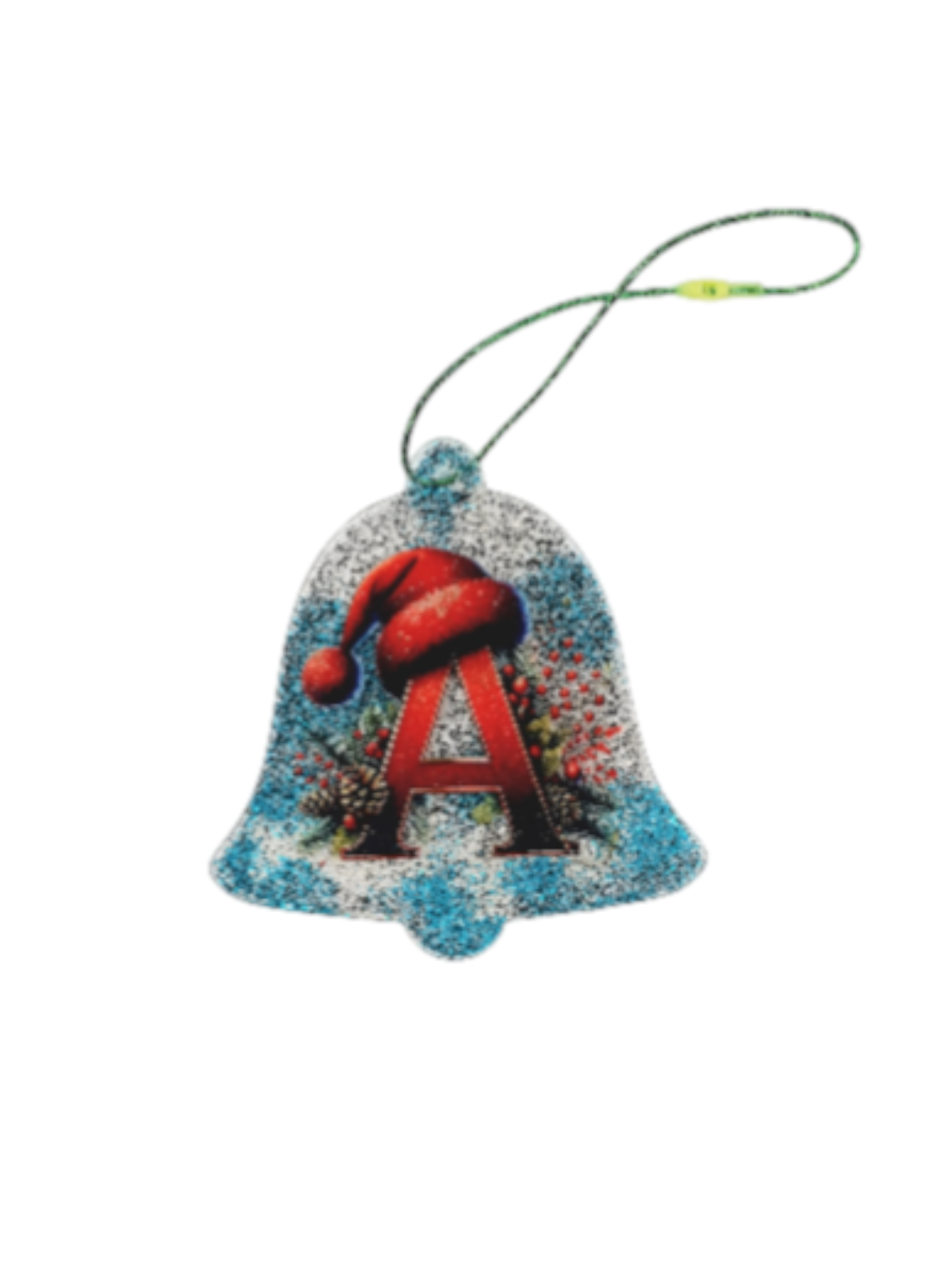 Boule de noël cloche plate lettre "A" paillettes turquoise verte et champagne