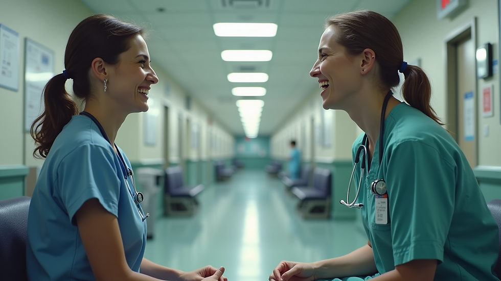 Eye-level view of a nurse sharing a laugh with a colleague in a hospital break room